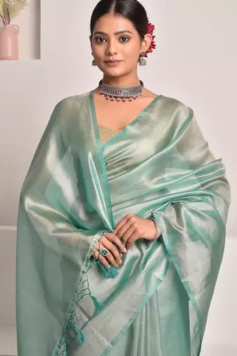 Tiffany blue tissue saree with unstitched blouse piece