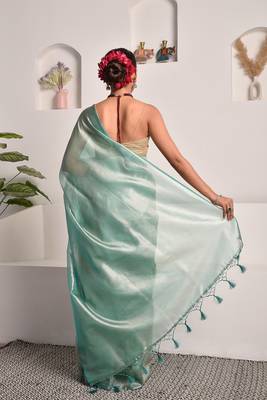 Tiffany blue tissue saree with unstitched blouse piece 5