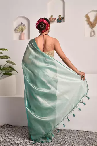 Tiffany blue tissue saree with unstitched blouse piece
