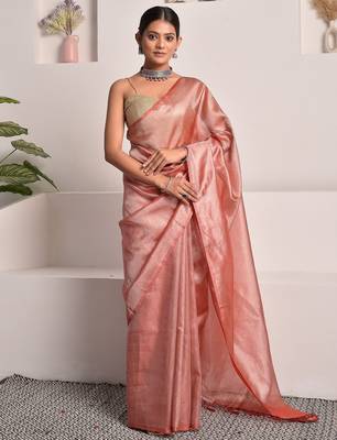Rouge pink tissue saree with unstitched blouse piece 1