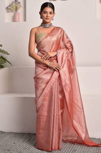 Rouge pink tissue saree with unstitched blouse piece