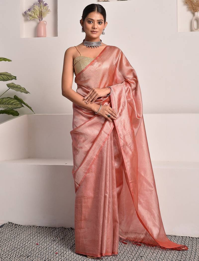 Rouge pink tissue saree with unstitched blouse piece