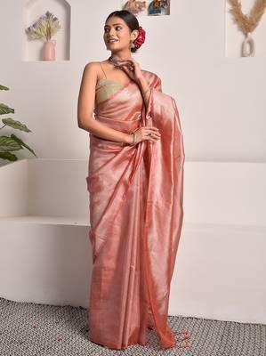 Rouge pink tissue saree with unstitched blouse piece 2