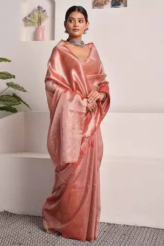 Rouge pink tissue saree with unstitched blouse piece