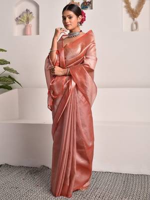 Rouge pink tissue saree with unstitched blouse piece 4