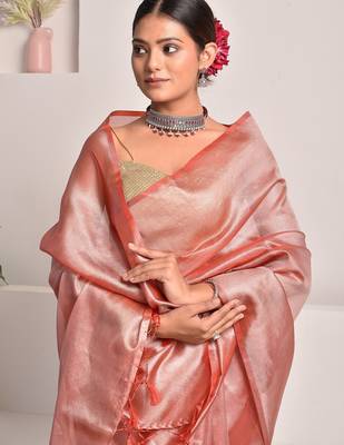 Rouge pink tissue saree with unstitched blouse piece 5