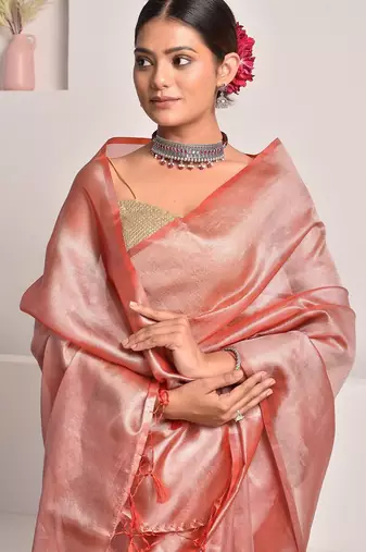 Rouge pink tissue saree with unstitched blouse piece