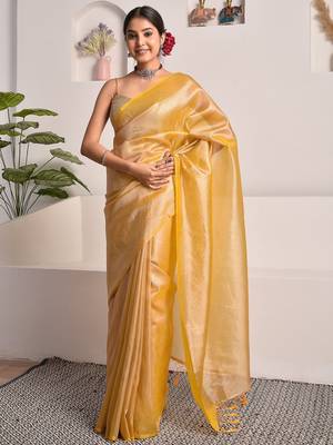 Mustard yellow tissue saree with unstitched blouse piece 1