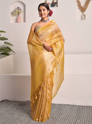 Mustard yellow tissue saree with unstitched blouse piece 2