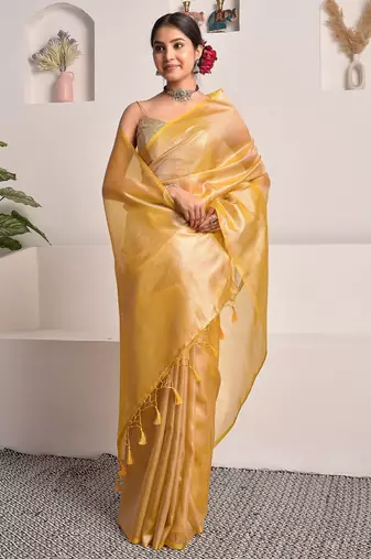 Mustard yellow tissue saree with unstitched blouse piece
