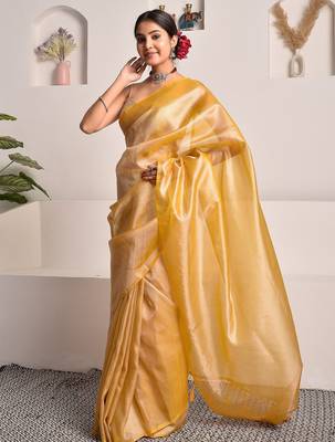 Mustard yellow tissue saree with unstitched blouse piece 3