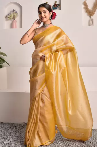 Mustard yellow tissue saree with unstitched blouse piece