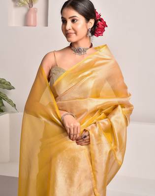 Mustard yellow tissue saree with unstitched blouse piece 4