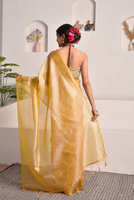 Mustard yellow tissue saree with unstitched blouse piece 5