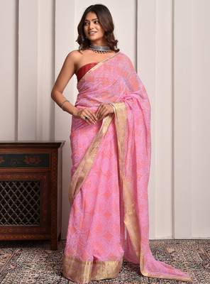 Pink bandhani print georgette saree with zari border 1