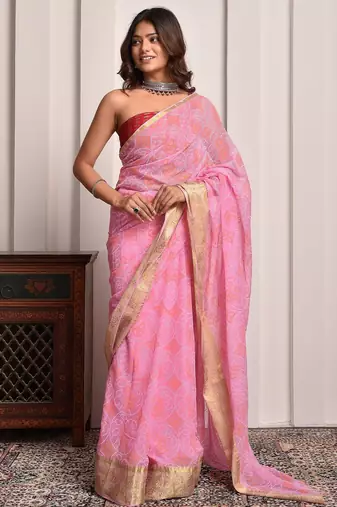 Pink bandhani print georgette saree with zari border