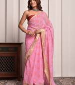 Pink bandhani print georgette saree with zari border