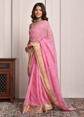 Pink bandhani print georgette saree with zari border 2