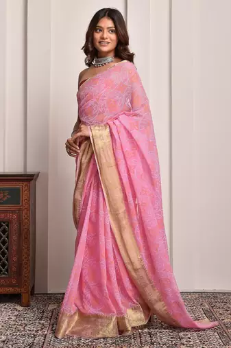 Pink bandhani print georgette saree with zari border
