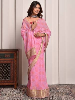 Pink bandhani print georgette saree with zari border 3