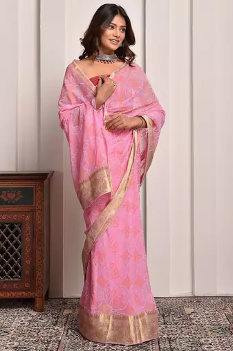 Pink bandhani print georgette saree with zari border