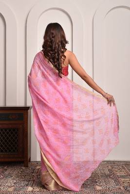 Pink bandhani print georgette saree with zari border 5