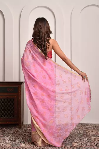 Pink bandhani print georgette saree with zari border