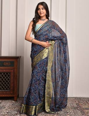 Navy blue georgette saree with bandhani print and zari border 1