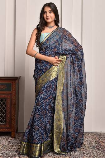 Navy blue georgette saree with bandhani print and zari border