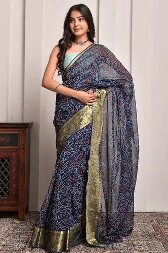 Navy blue georgette saree with bandhani print and zari border