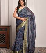Navy blue georgette saree with bandhani print and zari border