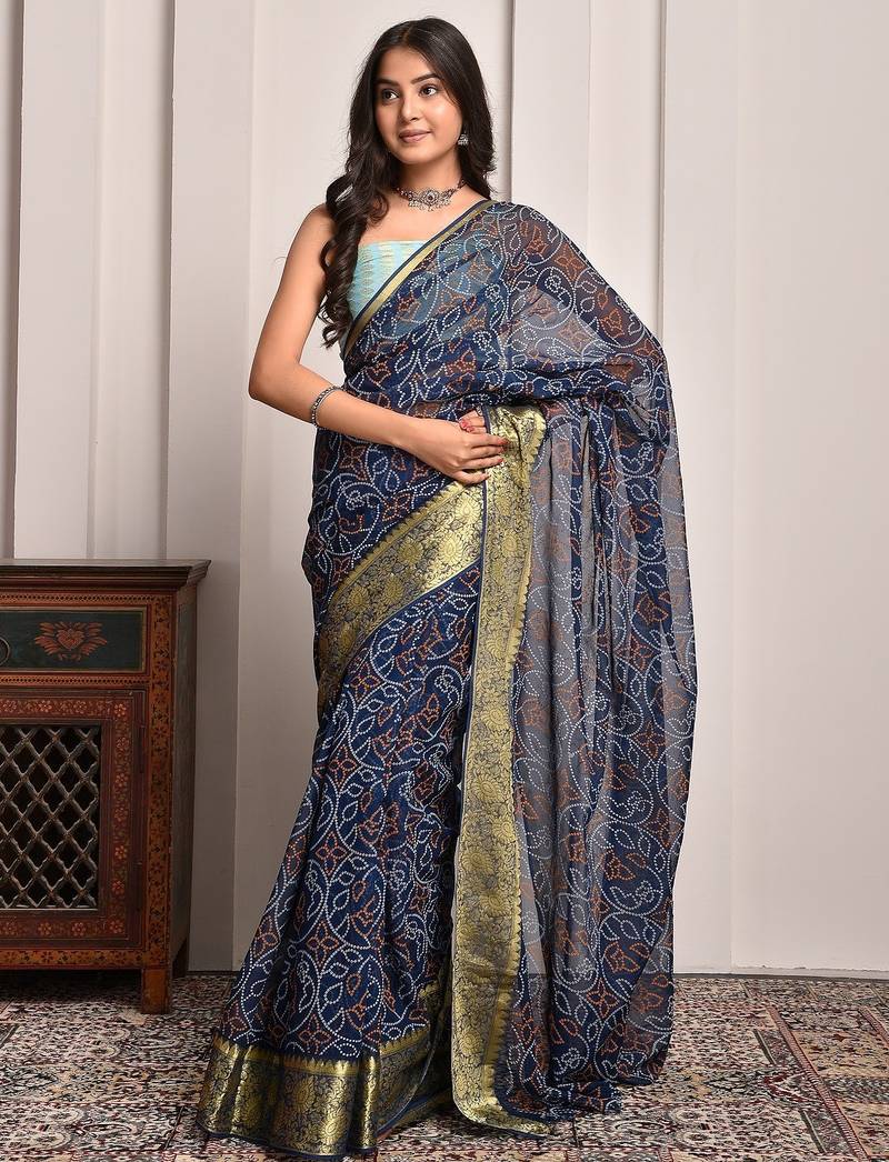 Navy blue georgette saree with bandhani print and zari border