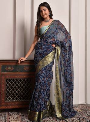 Navy blue georgette saree with bandhani print and zari border 2