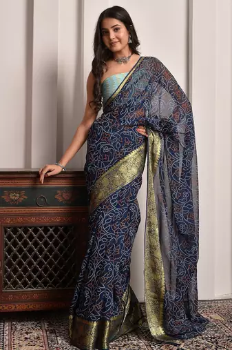 Navy blue georgette saree with bandhani print and zari border