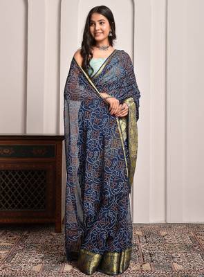 Navy blue georgette saree with bandhani print and zari border 3