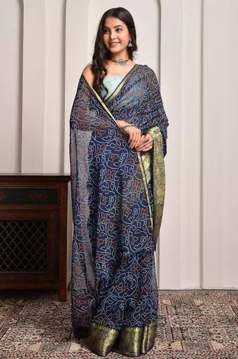 Navy blue georgette saree with bandhani print and zari border