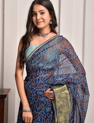 Navy blue georgette saree with bandhani print and zari border 4