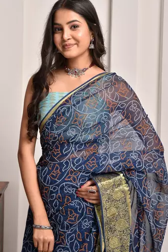 Navy blue georgette saree with bandhani print and zari border