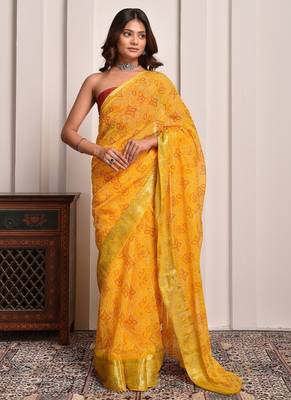 Yellow festive wear bandhani georgette saree 1
