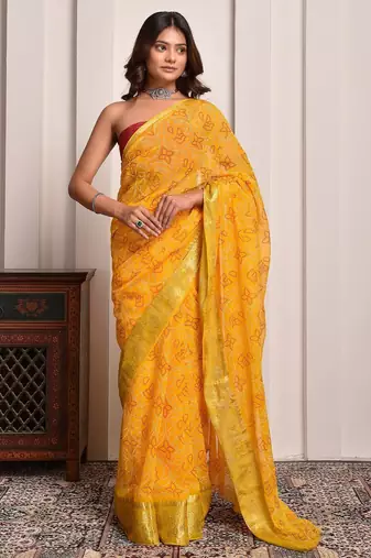 Yellow festive wear bandhani georgette saree