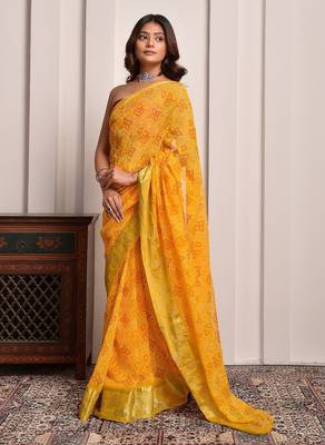 Yellow festive wear bandhani georgette saree 2