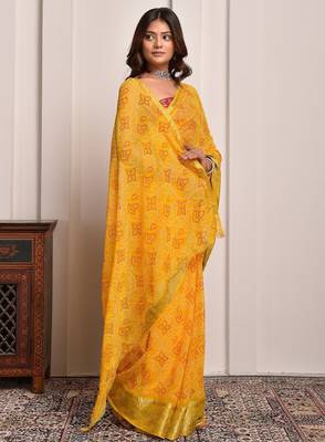 Yellow festive wear bandhani georgette saree 3