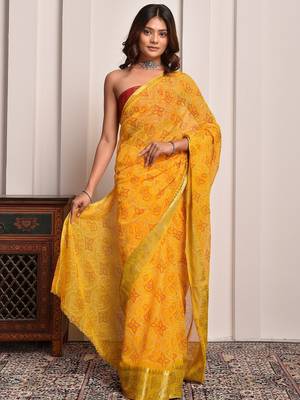 Yellow festive wear bandhani georgette saree 4