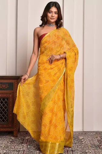 Yellow festive wear bandhani georgette saree