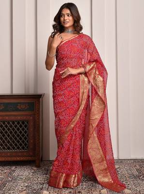 Magenta pink designer bandhani georgette saree with zari border 1