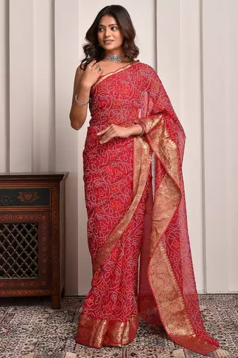 Magenta pink designer bandhani georgette saree with zari border