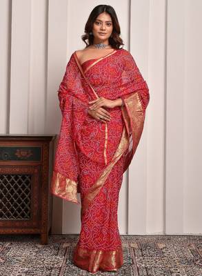 Magenta pink designer bandhani georgette saree with zari border 2