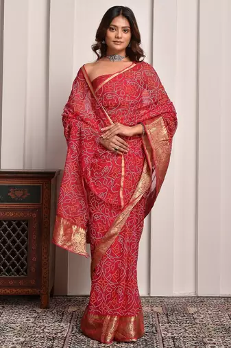 Magenta pink designer bandhani georgette saree with zari border