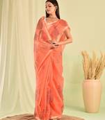 Peach hand block printed kota doria saree
