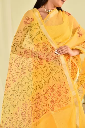 Yellow hand block printed kota doria saree